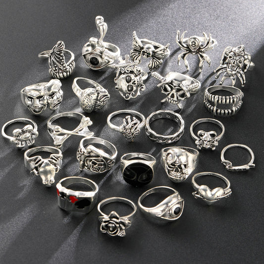 24 Pcs Gothic Skeleton Unisex Ring Set Punk Grunge Butterfly Frog Woman Man Jewelry Hip Hop Party Street Ring Accessories Gift
