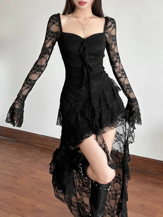 AltGoth Mall Goth Fairycore Dress Women Vintage Aesthetic Elegant Sweet Sexy See Through Irregular Hem High Waist Corset Dress