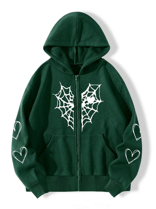 2023 Cross-Border Autumn/Winter European And American Men's Women's Spider Web Heart Shaped Printing Zipper Fleece Lined Warm Ho