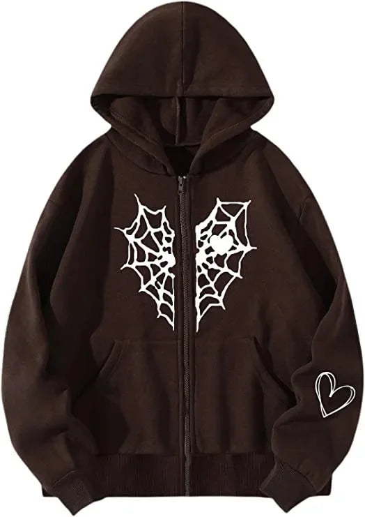 2023 Cross-Border Autumn/Winter European And American Men's Women's Spider Web Heart Shaped Printing Zipper Fleece Lined Warm Ho