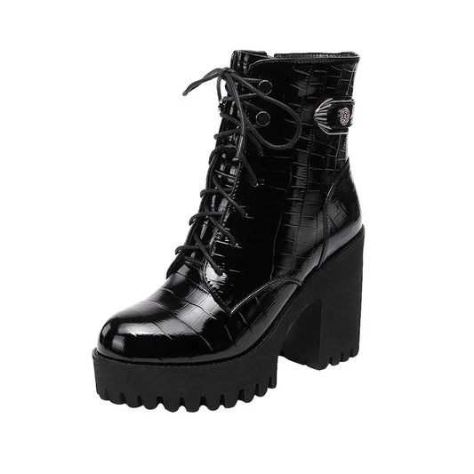 Small Size 32-43 British Patent Leather Shoes Plush Winter 2022 Women's Block High Heels Boots Chunky Platform Short Boot